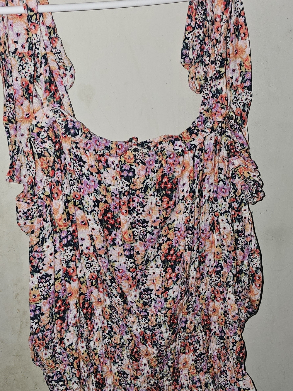 Floral Print Ruffle-Shoulder Blouse - Pink/Navy Blue XL